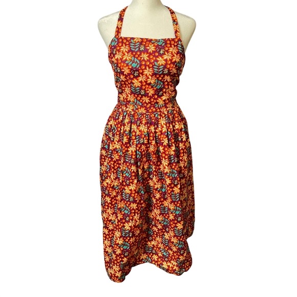 Dresses & Skirts - Floral Tropical Halter Midi Dress Open‎ Back Button Front Orange Purple Summer